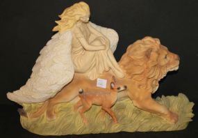 Large Resin Figure of Angel on Lion with Doe