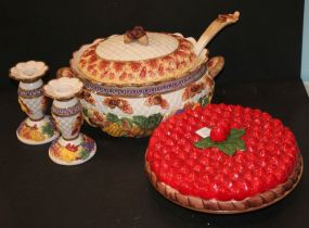 Large Painted Ceramic Tureen, Pair of Candlesticks, and Pie Plate