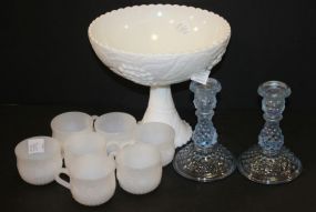 Pair of Hobnail Candlesticks, Punch Cups, Milk Glass Compote
