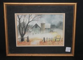 Watercolor of Barns in Grown Up Field by McClare Kansas artist, 14