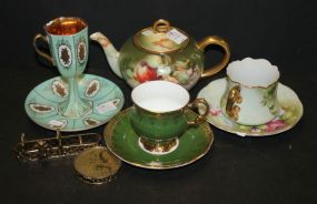 Three Handpainted Cup/Saucers, Teapot, Stand chips
