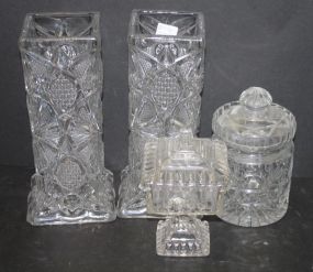 Two Press Glass Vases, Small Candy Dish, and Covered Jar Vases 10