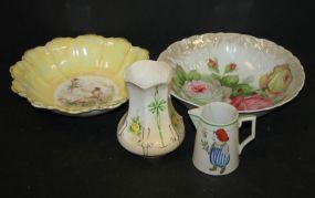 Two Handpainted Bowls, Vase, and Pitcher vase (chips)