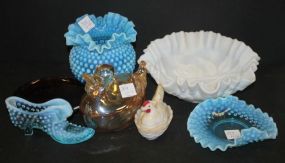 Glass Covered Duck Dish, Hobnail Shoe, Vase, Dish, and Small Milk Glass Hen