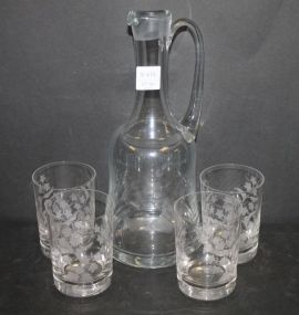 Etched Decanter and Four Glasses