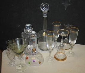 Two Decanters and Glasses some the Gold Trim