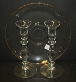 Glass Sandwich Tray and Pair of Candlesticks tray 13