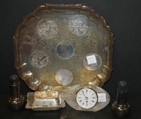 Silverplate Tray, Small Covered Butter Shaker, and Clock shaker 4