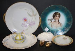 Several Handpainted Plates, Small Rabbit, and Porcelain Dishes
