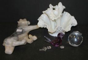 Milk Glass Epergne, Glass Bird, and Marble Cougar