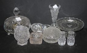 Grouping of Press Glass shakers, vase, compote, and covered dishes