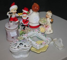 Christmas Figurines, Covered Dish, Frame, and Resin Figurines