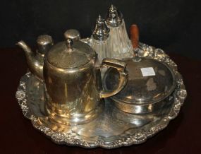 Silverplate Tray, Pot, Crumber, and Shakers