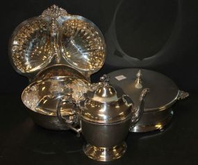 Group of Silverplate teapot, bowl, and trays