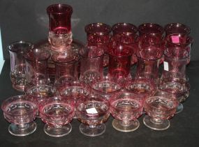 Cranberry Flash Glass sherbets, glasses and plates