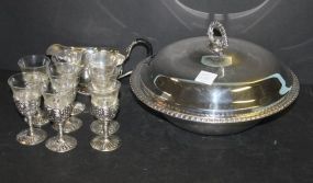 Silverplate Creamer, Covered Casserole Dish, and Eight Cordials