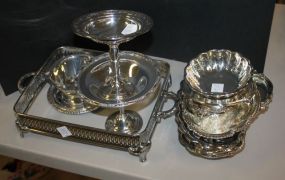 Group of Silverplate Compotes, gravy, trays, and casserole frame
