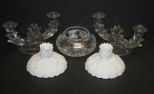 Fenton Milk Glass Candlesticks, Cut Glass Jar, Pair of Candlesticks jar (no lid) 5