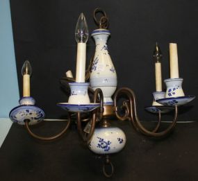 Handpainted Blue and White Porcelain/Brass Fixture and Wood Wheel Three Light Fixture fixture 22
