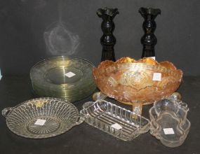 Group of Glass Carnival Glass Fruit Bowl, Etched dishes, Candlesticks, and Dishes
