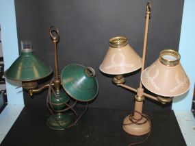 Two Tin Painted Lamps, Green One Missing Chimney to Hold Shade shade 17