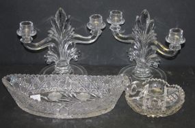 Cut Glass Banana Boat with Floral Etching and Cut Glass Nappy, Pair of Candlesticks nappy 6