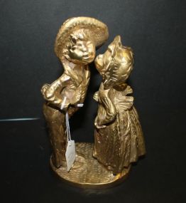 Bronze/Brass Figural Group of Young Girl kissing Boy with Flowers behind Her. 8