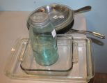 Ball Mason Jar, Several Pyrex Dishes, Skillet and Another Skillet Pyrex 6 dishes, 10