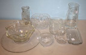 Glass Lot Pitcher, large tray, bowls, and shoe vase
