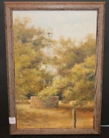 Oil Painting of Windmill in a Field by Pem Dunn Pem Dunn (Colorado landscape artist) painting of windmill signed and dated Pem Dunn '77; 13 1/2