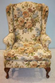 Queen Anne Style Wing Back Chair In floral fabric; 44