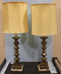 Pair Tall Brass Table Lamps Pair vintage tall brass table lamps on marble bases; 40