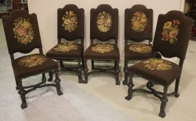 Set of Five Walnut William and Mary Carved Side Dining Chairs Set of walnut William and Mary carved chairs with needlepoint seats and backs; 20