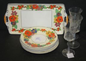 Small Serving Tray and Six Plates by Grindley Company, England Along with three etched cordials