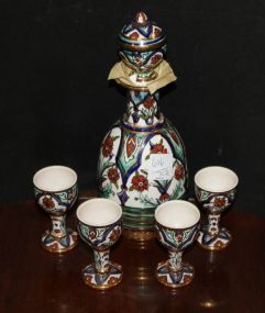 Kutahia Athens Decanter and Four Glasses Made in Greece, has chip on base of decanter; 9 1/2
