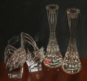 Two Pairs of Mikasa Lead Crystal Candleholders Small pair has chip; 9