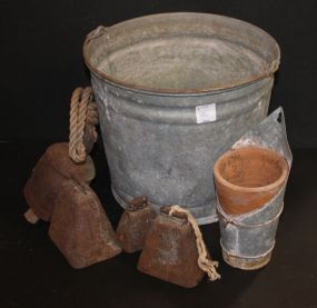 Metal Pail and Four Iron Bells