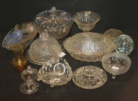 Group of Glass Including covered butter, frog candy dishes, small ladle