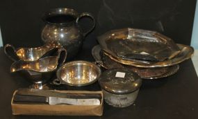 Group of Silverplate Including pitcher, two gravy boats, covered jar, trays, knives