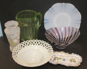 Milk Glass Bowl, Iridescent Plate, Glass Vase Green depression pitcher, swirl glass bowl