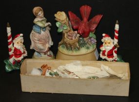Music Box Red Bird, Ceramic Candles of Santa, Lady figurine (arm repaired), Christmas bells, knife