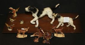 Animal Statue Bird dog glued to wood along with birds, other tiny deer, horse, dog (repairs)