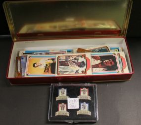 Elvis Trading Cards and Baseball Cards Elvis Christmas tin with various 1978 Elvis trading cards and various baseball cards, Four Texas Rangers 2003 Hall of Fame pins