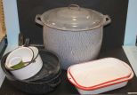 Group of Enamel Includes larger boiler, pots, covered roaster, pans