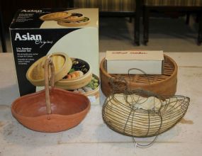Bamboo Steam Set, Walnut Cracker, Wire Hen, and Pottery Basket