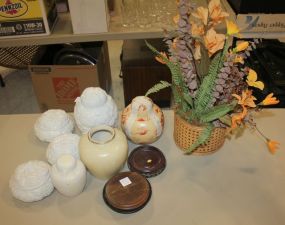 Covered Jars, Vase Stands, and Artificial Arrangement