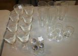 Group of Etched Glasses, Vintage Set 5, and Salt/Peppers