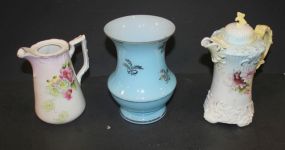 Vintage Blue Glass Vase and Porcelain Pitchers chips on rim, 7