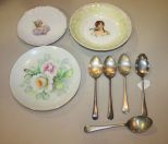 Two Handpainted Plates, Bowl, and Four Plated Serving Spoons