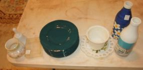 Milk Glass, Painted Bottles, and Plates